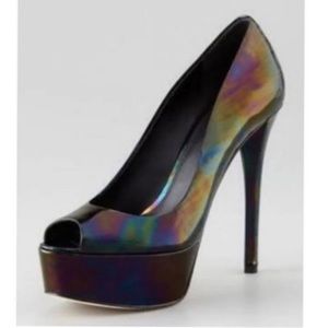Brian Atwood Bambola iridescent patent leather Peep toe high heel Adriadic Black